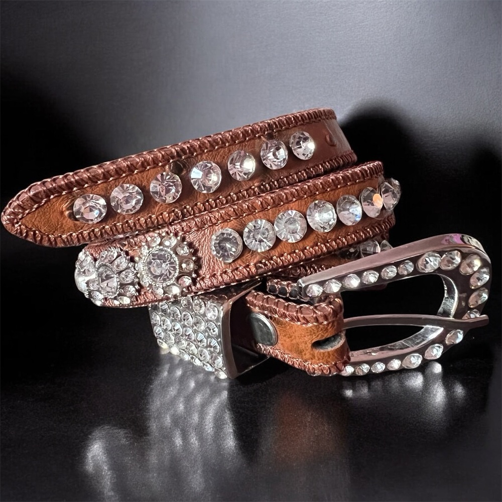 Shyanne Girls' Belt Sz 26 Ostrich Print Rhinestone K501 Crystal Brown Silver
